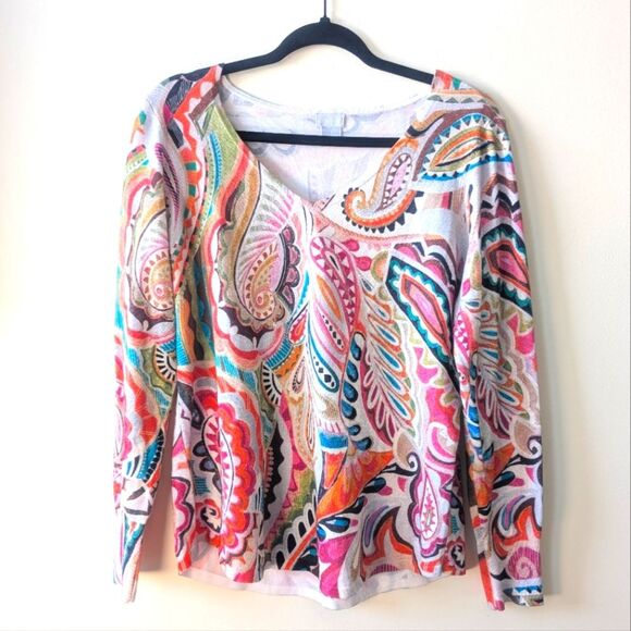 Chico's Orchid Flower Paisley Print V Neck Pullover Sweater Size Medium (1) - Picture 2 of 7